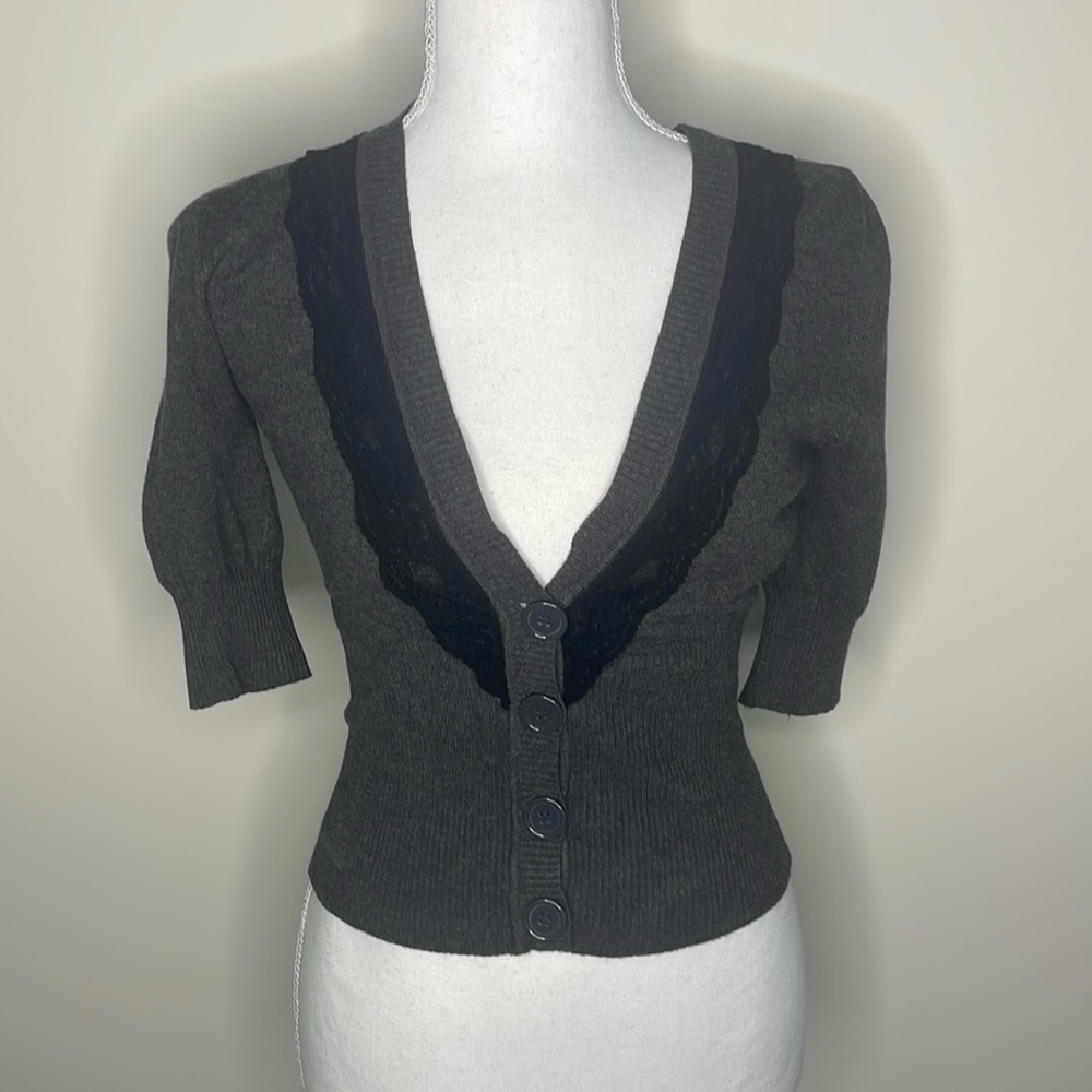 Liv Gray V Neck Button Up Sweater With Lace Accents